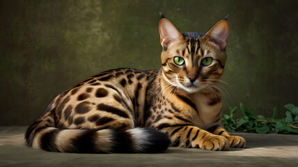 Naklejka premium Bengal Cat Portrait: A striking Bengal cat with its distinctive spotted coat and mesmerizing green eyes gazes intently at the camera, captured in a captivating studio portrait.