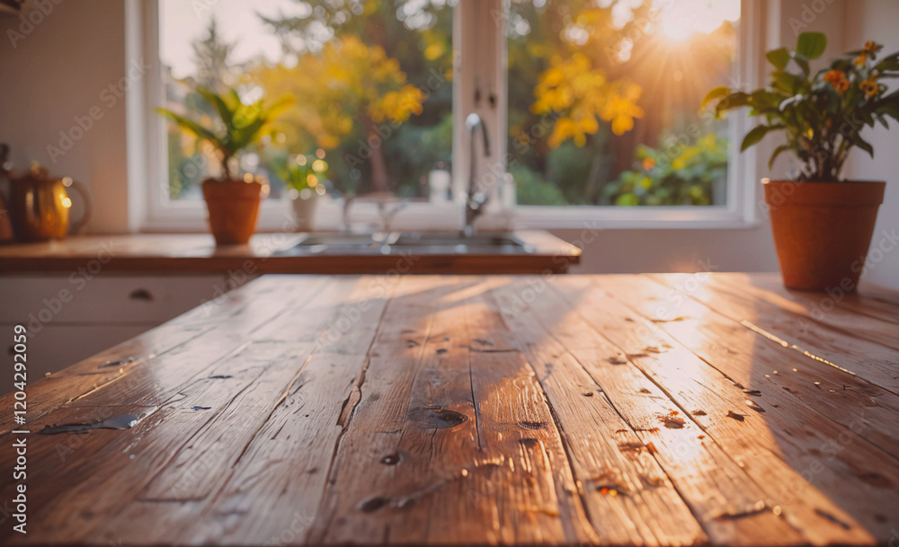 Aufkleber a wooden countertop with a sink and two potted plants. the sink is in the middle of the countertop a
