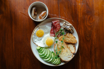 Hearty breakfast plate with eggs, bacon, and toast
