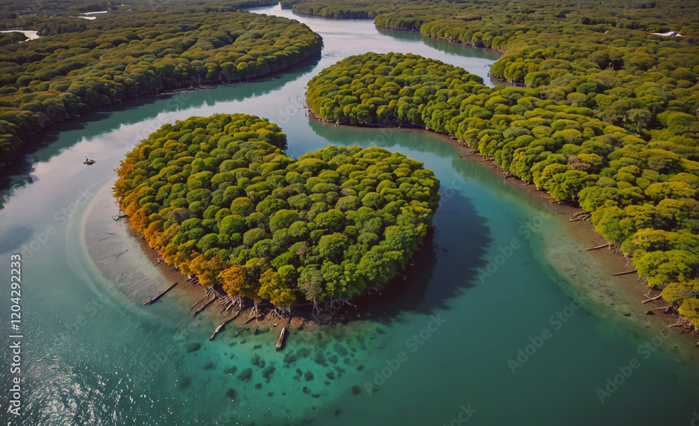 Aufkleber a river with a large tree in the middle of it. the water is green and the trees are lush