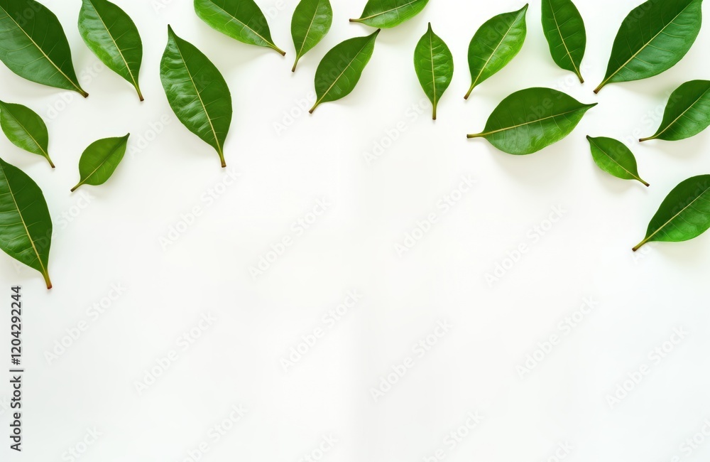 Wall mural Fresh green leaves arranged on white background. Stylish, minimal design. Natural freshness. Healthy ingredients. Close-up view. Perfect for food blog, healthy lifestyle, eco-friendly product