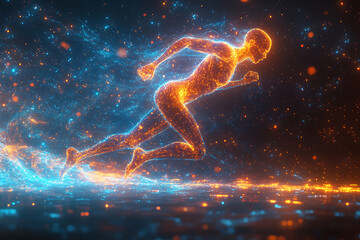Fototapeta premium Futuristic digital illustration of a human figure running, made of glowing neon lines and interconnected nodes, set against a cosmic background of vibrant blue and orange light particles.
