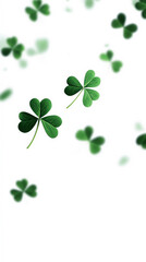 Green clovers falling on white background representing luck and irish culture