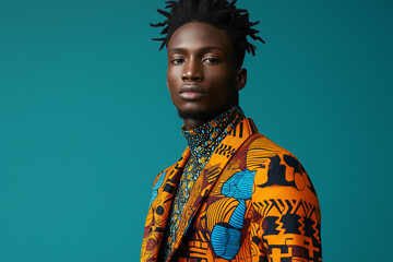 A man wearing a colorful outfit with a blue and orange patterned jacket. Generative Ai.