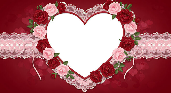 Romantic Heart-Shaped Digital Frame with Pink & Red Florals for Valentine's Day Photo Invitations