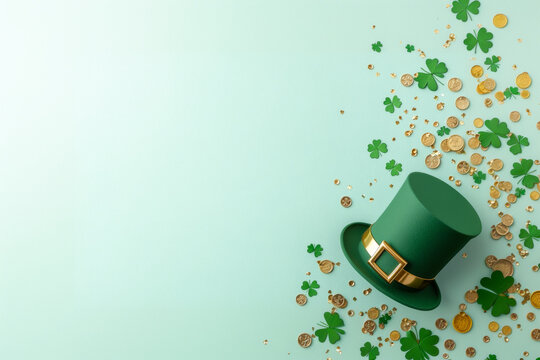 Leprechaun hat spilling gold coins and shamrocks on pastel green background for st. Patrick's day celebration