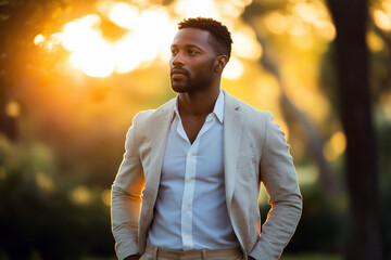 A man wearing a white jacket and a white shirt stands in a park. Generative Ai.