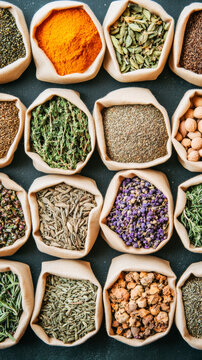 Variety of colorful spices and herbs displayed in small paper bags, creating a vibrant and aromatic arrangement