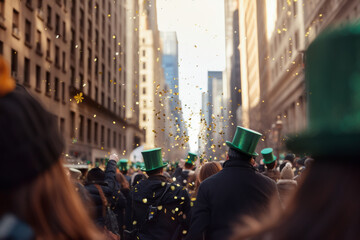 People celebrating Saint Patrick's day outdoors with falling confetti