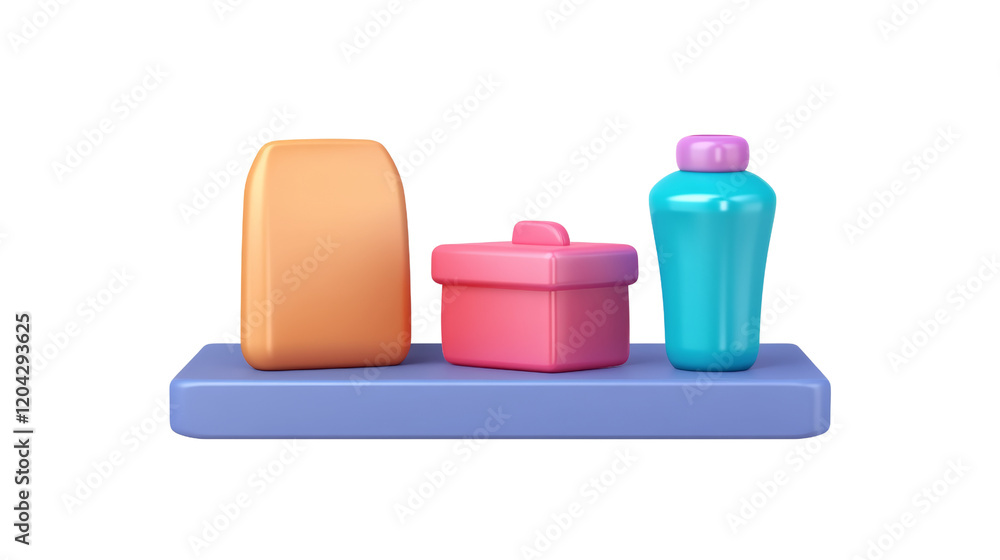 Poster a colorful arrangement of three geometric-shaped objects on a shelf, including a container, a box, a