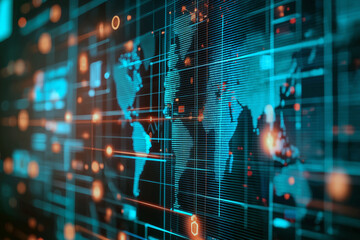 A computer screen shows a map of the world with a face on it. Generative Ai.