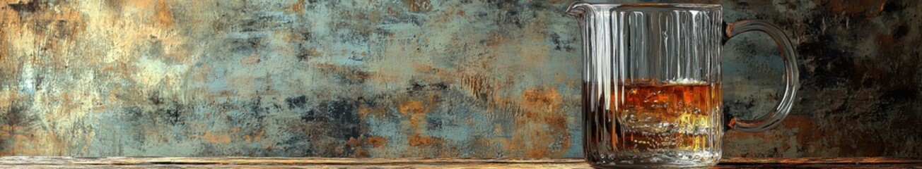 Elegant glass pitcher with whiskey on rustic wooden table against vintage wall background