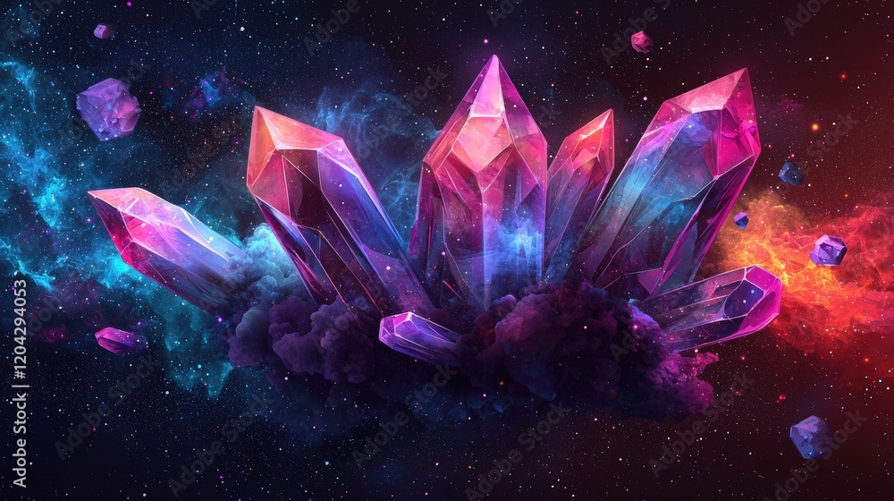 Poster abstract crystalline shapes hovering in a colorful cosmic background