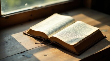 Obraz premium Open book resting on a wooden surface bathed in sunlight filtering through a window