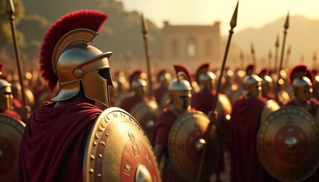 Spartan hoplites in phalanx formation. Soldiers dressed in red armor, golden helmets. Shields raised, spears ready for battle. Ancient Greece setting. Epic battle scene. Historical reconstruction.