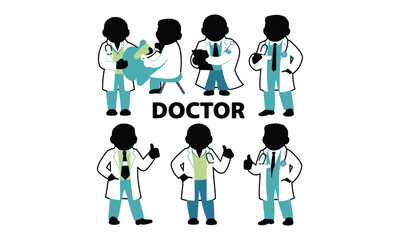 Set of Doctor Cartoon Illustrations in Medical Attire with Stethoscope and Healthcare Scenes