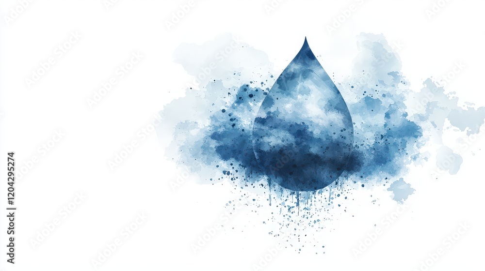 Poster teardrop shaped design with soft blue rain and clouds in abstract art
