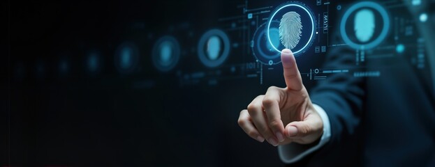 Person scans finger on virtual screen. Biometric security tech used for access. Dark background shows futuristic interface. Modern business tech. Cybersecurity system. Virtual touch screen. Finger