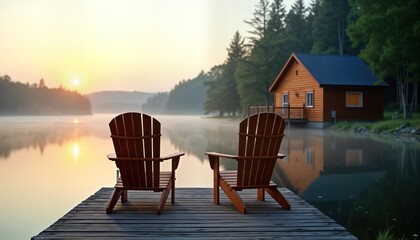 Two Adirondack chairs sit peacefully on lakeside dock. Calm lake water reflects sunrise colors. Misty morning air. Wooden cabin rests near tranquil shore. Relaxing atmosphere. Perfect for vacation