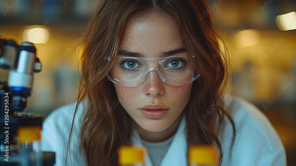 Poster a medical scientist taking notes as she examines specimens using a state-of-the-art microscope in a 