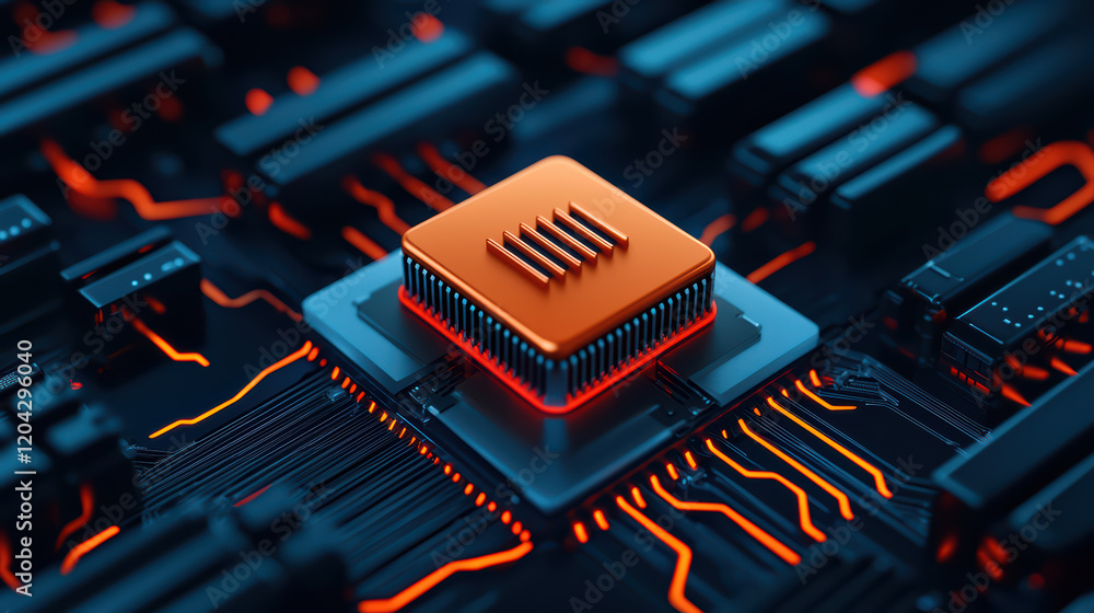 Poster high tech microprocessor on circuit board with glowing elements