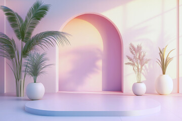 A white room with a pink archway and two white vases. Generative Ai.
