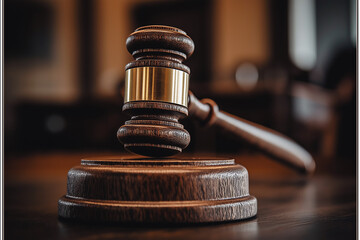 A wooden gavel sits on a wooden base. Generative Ai.