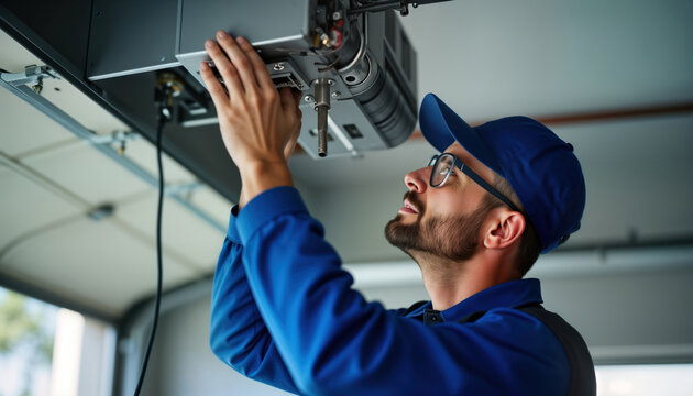 Pro repairman works in garage fixing garage door opener mechanism. Carefully examining top mechanism. Focused on task, wearing blue uniform. Scene shows worker repairing home automation machinery.