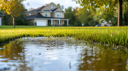 Overwatered lawn with standing water, highlighting problems with inadequate soil drainage-