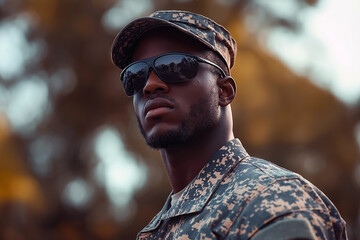 A man in a military uniform is wearing sunglasses and a hat. Generative Ai.