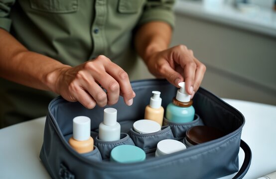 Man carefully packs travel-sized skincare products in compact organizer bag. Arranges bottles, tubes neatly in compartments. Routine demonstrates efficient personal hygiene preparation for journey