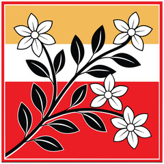 Elegant Floral Design with Black and White Flowers on Red and Yellow Background