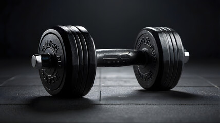 Naklejka premium Steel Determination: A heavy black dumbbell sits on a textured gray surface, a symbol of strength, perseverance, and dedication. The muted tones and sharp edges create a visually striking image.
