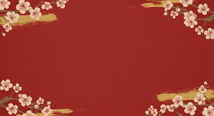 Fototapeta premium Elegant Chinese New Year Card with Red Background, Golden Brushstrokes, and Cherry Blossom Frame