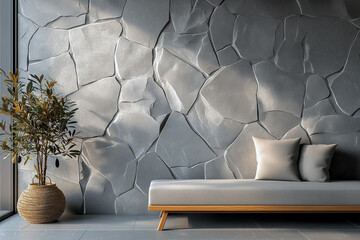 A room with a grey stone wall and a wooden bench. Generative Ai.