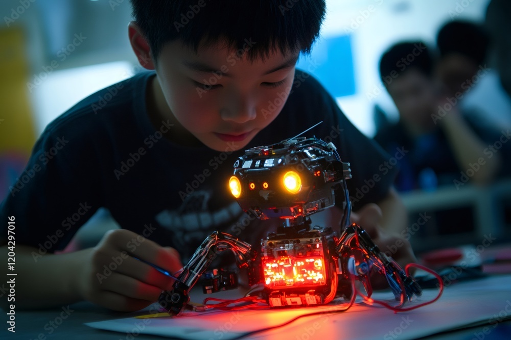 Poster asian boy engaged in assembling a robot during a robotics class, working with electronic components 