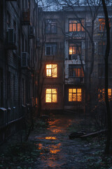 Five-story buildings in poor areas in the autumn evening