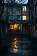 Fototapeta premium Five-story buildings in poor areas in the autumn evening