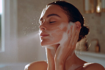 A woman is washing her face with soap in a bathtub. Generative Ai.