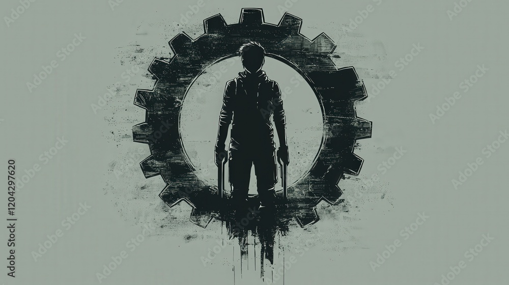 Poster robotic engineer with tools in front of large gear background