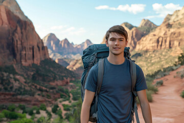 Naklejka premium Portrait of a young male hiker smiling wearing backpack in National Park