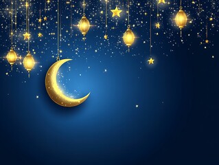 Naklejka premium Golden Crescent Moon Stars And Lanterns Night Sky