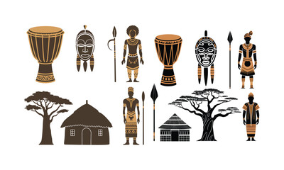 Collection of African cultural illustrations including drums, masks, traditional attire, huts, spears, and iconic acacia trees.