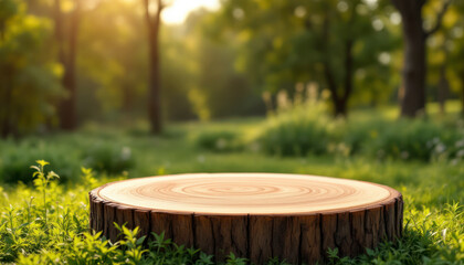 Naklejka premium Wooden Tree Stump in Sunny Forest Nature Scene