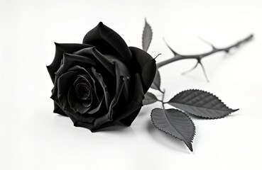 Elegant black rose on white background. Mysterious, beautiful flower. Delicate petals, stem. Unique dark flower. Perfect for romantic gothic designs. Isolated bloom for art decoration. Creative