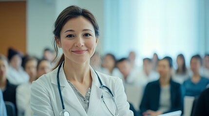 Portrait of a confident, smiling female doctor standing in a medical training class or seminar room. The image highlights her professionalism and expertise in a healthcare educational setting.