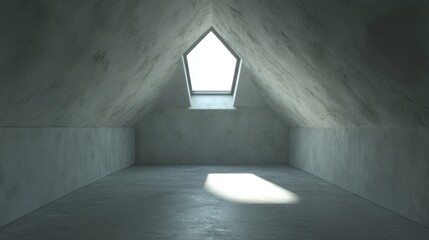 Serene Attic Room with a Pentagonal Window: Minimalist Interior Design