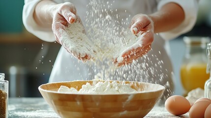 Close-up of a person preparing dough for baking, mixing flour with water. The image captures the hands in action, emphasizing the process of creating fresh dough for baking.
