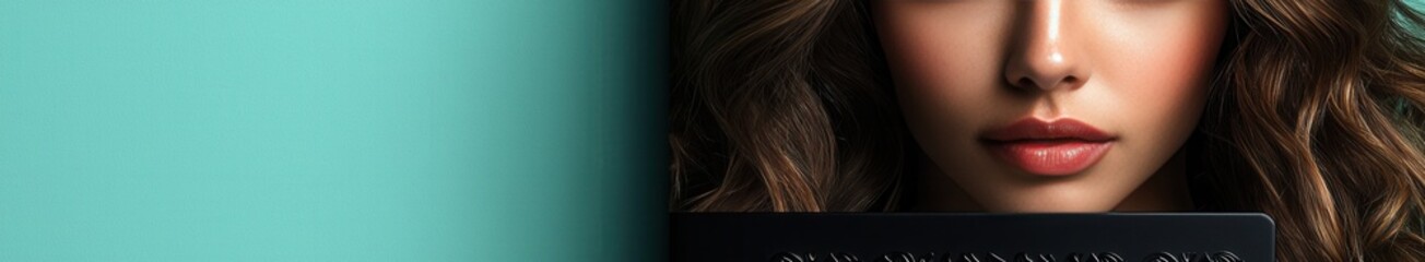 Fototapeta premium Close-up of a woman with wavy hair holding a palette against a turquoise background
