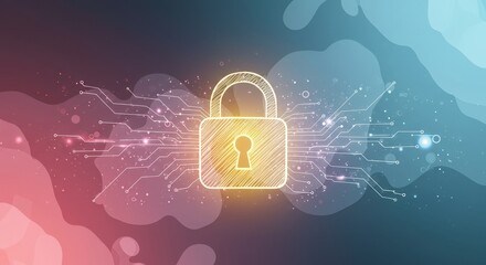 Cyber security concept. Padlock sketch on digital circuit background. Protection, safety, data security